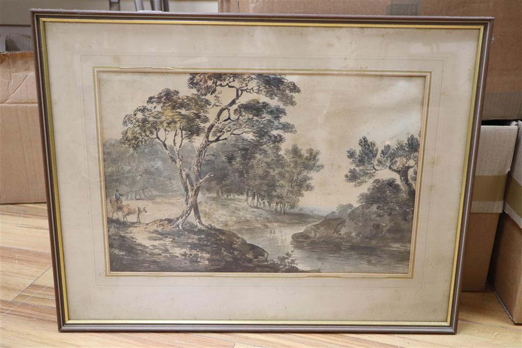 John Laporte (1761-1839), watercolour, Landscape with figures, John Manning label verso, 31 x 48cm